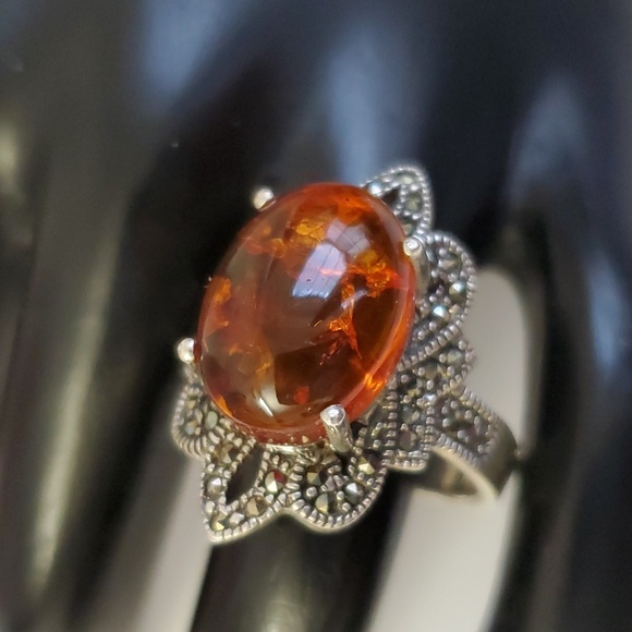 Sterling Silver 925 Amber and Marcasite Nugget Ring - Picture 2 of 10